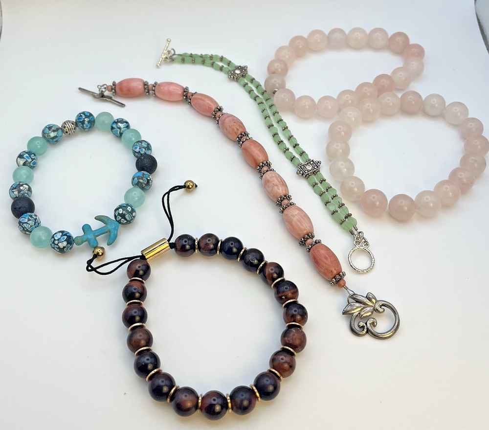 Tiger Eye Rose Quartz Gemstone Beaded Bracelets Anchor Natural Stone 6 Pc Lot